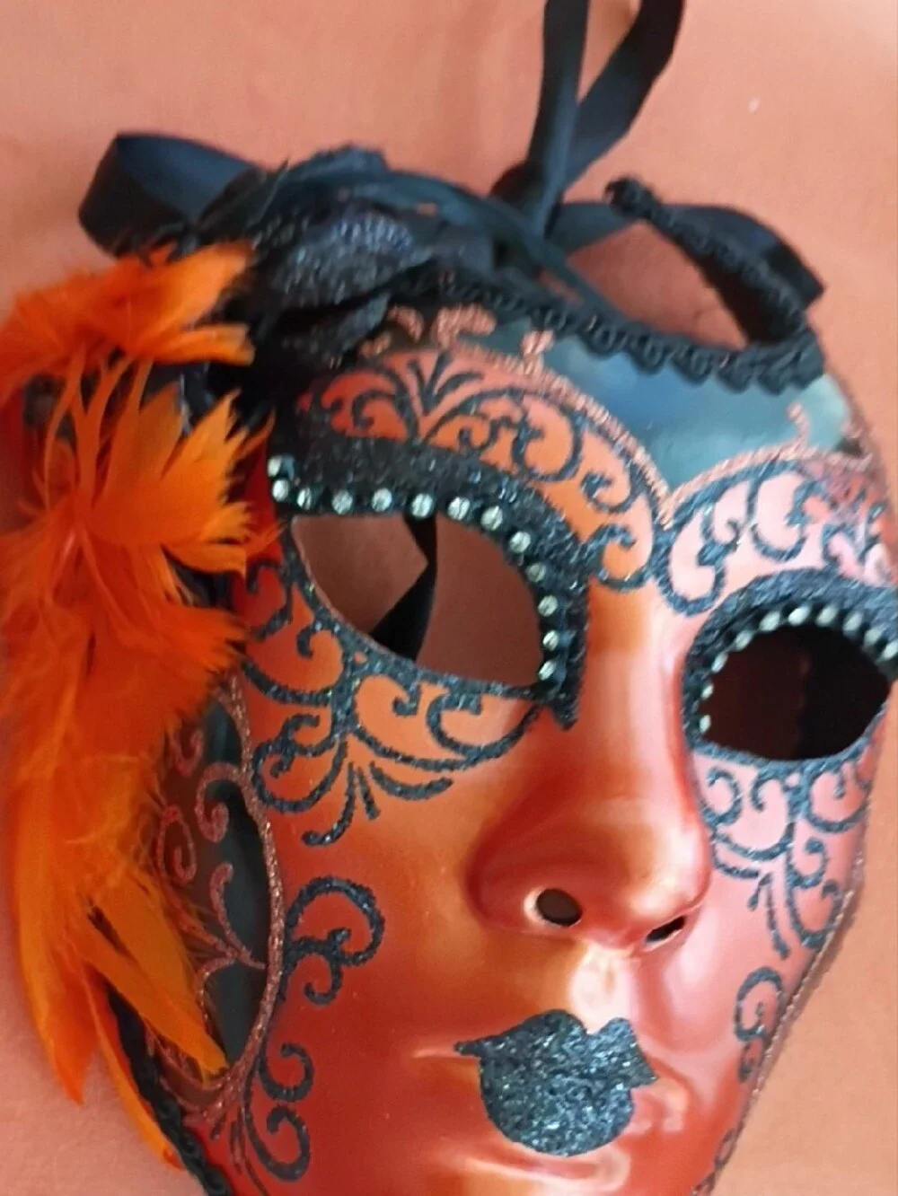 Venetian Orange and Black Venetian Masquerade Mask with Feather Made In Italy